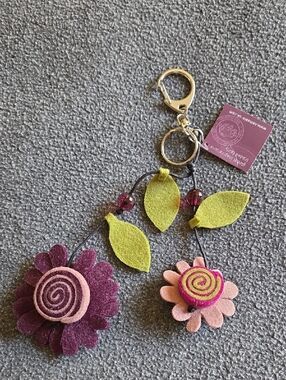Handmade Floral Suede Keychain - Purple & Pink with Green Leaves By Namaste NWT